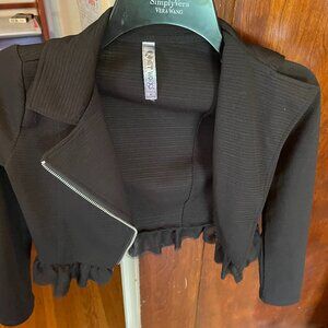 Black girls zip-up jacket with ruffle hem and collar, Knit Works size medium